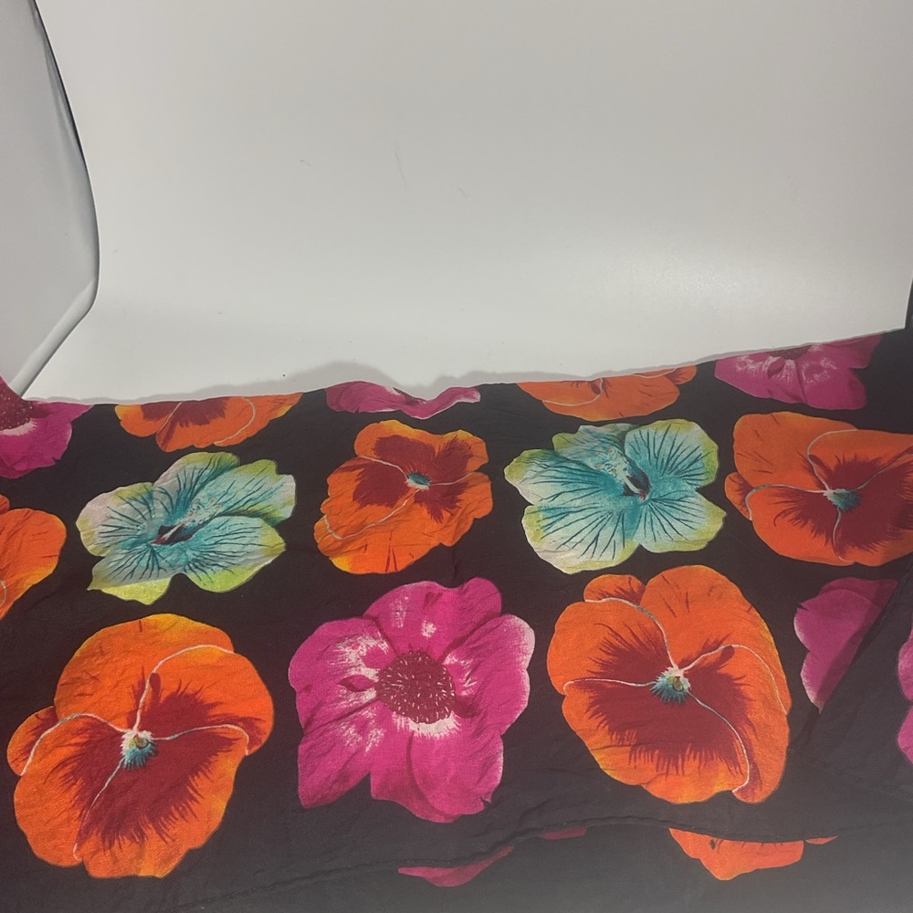 Anne Klein Floral Poppy Print Black Scarf - Pink, Orange & Teal Flowers 18”